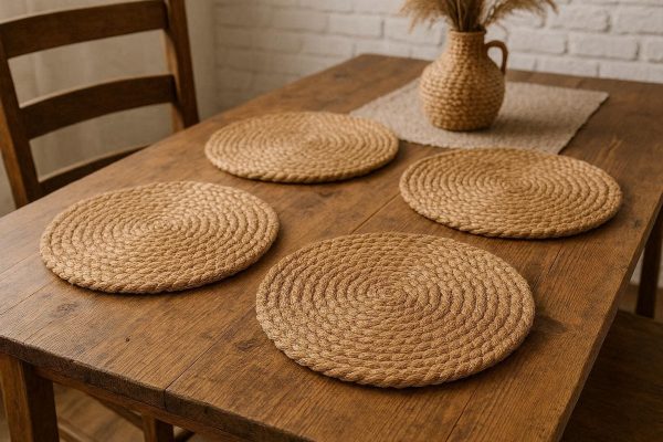 Natural Round Jute Braided Placemats For Rustic Farmhouse Dining Table And Boho Style Home Decor