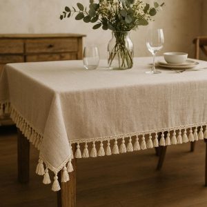Elegant Cotton Linen Tablecloth With Tassel Edge For Rustic Farmhouse Decor And Boho Home Styling