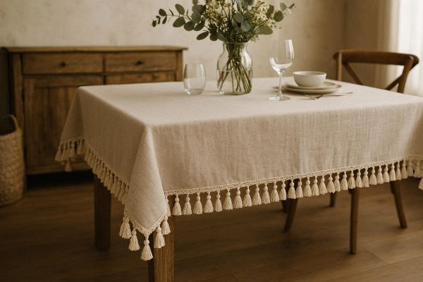 Elegant Cotton Linen Tablecloth With Tassel Edge For Rustic Farmhouse Decor And Boho Home Styling