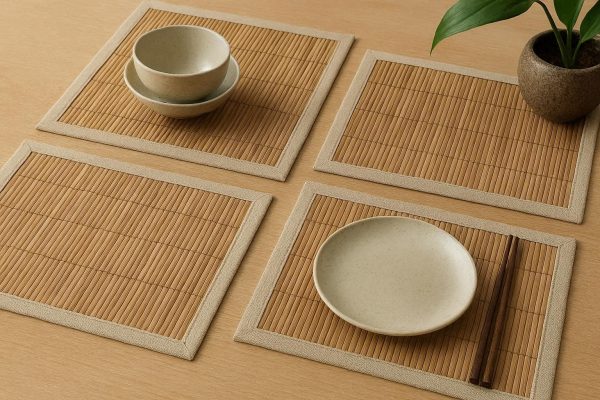 Bamboo Slatted Placemats With Fabric Border For Zen Style Dining And Natural Tropical Table Decor